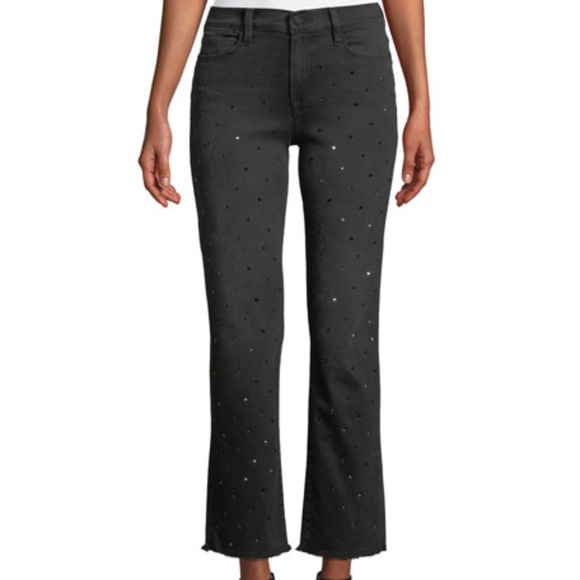 FRAME LE HIGH STRAIGHT-LEG EMBELLISHED JEANS IN JET STONE - Picture 2 of 5
